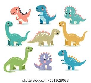 Cute dinosaurs set flat cartoon illustration. 