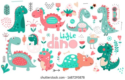 Cute dinosaurs set. Hand drawn. Doodle cartoon dino characters for nursery posters, cards, kids t-shirts. Vector illustration. Isolated on white background. Mint and pink colors.