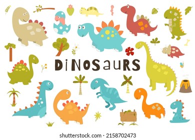 Cute Dinosaurs set. Hand drawn. Doodle cartoon dinosaur characters and jungle plants for nursery posters, cards, kids t-shirts. Vector illustration. Isolated Dino on white background.