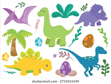 Conjunto lindo de dinosaurios aislado en el fondo blanco para la decoración de la guardería del bebé, Baby Shower, Vector de dibujos animados de la fiesta de cumpleaños