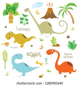 Cute dinosaurs set on white background.