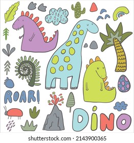 Cute dinosaurs set with plants, cute elements and word dino and roar. Vector hand-drawn color children's illustration. Baby print. Children's, nursery set.