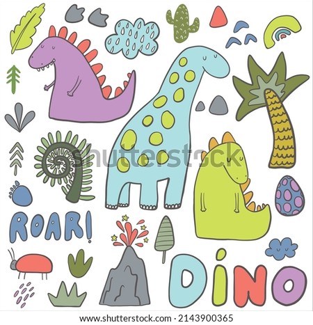 Cute dinosaurs set with plants, cute elements and word dino and roar. Vector hand-drawn color children's illustration. Baby print. Children's, nursery set.