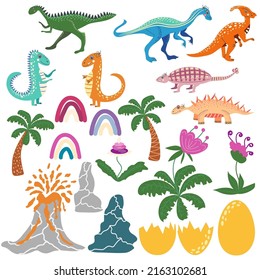 Cute dinosaurs set. Tropical plants, volcano, flowers, rainbows Funny cartoon dinosaur
