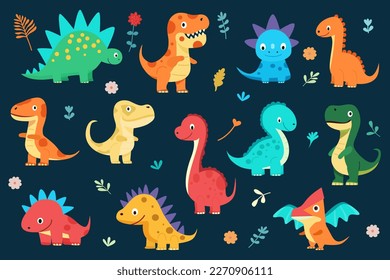 Cute dinosaurs set. Vector flat cartoon illustration. Doodle nursery decorative elements. Children kindergarten print, Nordic style zoo, velociraptor and funny T-rex adventures 