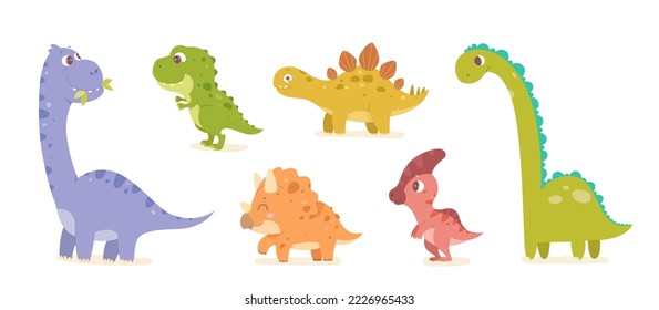 Cute dinosaurs set vector illustration. Cartoon isolated kids collection of baby dino characters, funny figures of happy dragons and comic prehistoric animals, adorable jurassic wildlife and nature