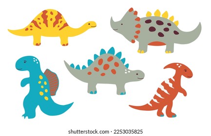 Cute dinosaurs set. Vector illustration isolated on white for childish design, clothes, toys.