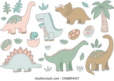 Cute dinosaurs. Set of vector illustrations with cartoon dinosaurs, plants, eggs, palm. Posters, invitations, nursery decor, children apparel.