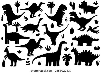 Cute dinosaurs silhouettes collection. Dino characters shadows set. Diplodocus, tyrannosaurus rex, velociraptor and other. Vector illustration