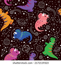 Cute dinosaurs in space. Space background with dinosaurs on a dark background for wrapping paper, for fabric.