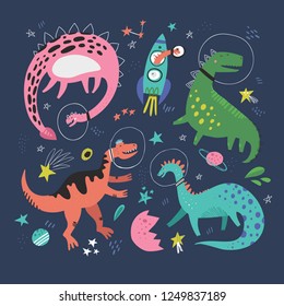 Cute dinosaurs in space hand drawn vector color characters set. Sketch dino astronauts, planets, rocket. Jurassic reptiles doodle drawing. Isolated scandinavian cartoon kids book, textile illustration