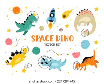 Cute dinosaurs in space hand drawn vector color characters set  Sketch dino astronauts  planets  stars  Jurassic reptiles doodle drawing  Isolated scandinavian cartoon kids book  textile illustration