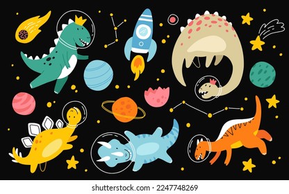 Cute dinosaurs in space hand drawn vector color characters set. Sketch dino astronauts, planets, stars. Jurassic reptiles doodle drawing. Isolated scandinavian cartoon kids book, textile illustration
