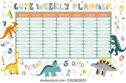 Cute dinosaurs stationery planner for a week and daily organizer for kids, Monday to Sunday schedule. Vector colorful illustrations of various funny dino in simple scandinavian cartoon style