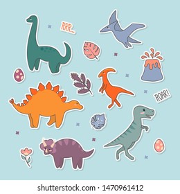 Cute Dinosaurs sticker collection, different types of prehistoric animals, cute illustration for children.