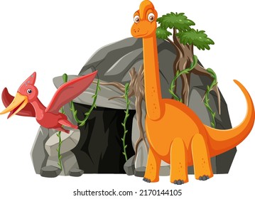 Cute Dinosaurs and stone cave illustration