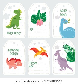 Cute dinosaurs tags set. Dino isolated on white background. Kids illustration. Funny cartoon Dino collection and tropical elements.