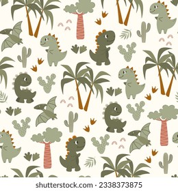Cute dinosaurs, trees, palm trees and cacti on a light background. Childish seamless pattern. Dino baby cute background. Dinosaur vector illustration.