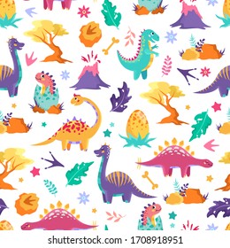 Cute dinosaurs, trees and volcanoes on a white background. Children's colorful print, seamless pattern