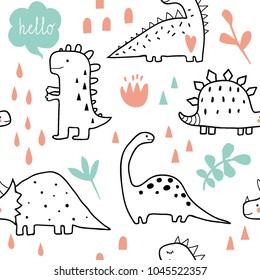 Cute dinosaurs and tropic plants. Funny cartoon dino seamless pattern. Hand drawn vector doodle design for girls, kids. Hand drawn children's pattern for fashion clothes, shirt, fabric