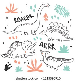 Cute dinosaurs and tropic plants. Funny cartoon dino. Hand drawn vector doodle design for girls, kids. Hand drawn children's illustration for fashion clothes, shirt, fabric