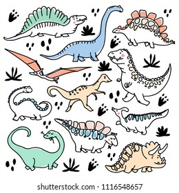 Cute dinosaurs and tropic plants. Funny cartoon dino. Hand drawn vector doodle design for girls, kids. Hand drawn children's illustration for fashion clothes, shirt, fabric