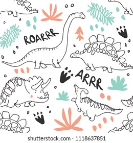 Cute dinosaurs and tropic plants. Funny cartoon dino seamless pattern. Hand drawn vector doodle design for girls, kids. Hand drawn children's pattern for fashion clothes, shirt, fabric