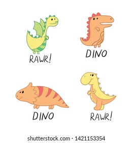Cute dinosaurs and tropic plants. Funny cartoon dino collection. Hand drawn vector doodle set for kids.