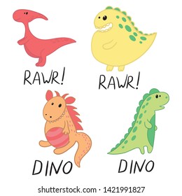 Cute dinosaurs and tropic plants. Funny cartoon dino collection. Hand drawn vector doodle set for kids.