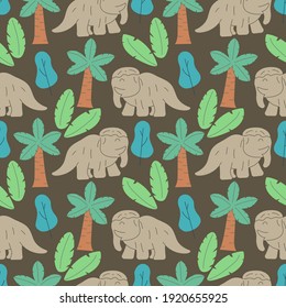 Cute dinosaurs and tropic plants. Funny cartoon dino seamless pattern. Hand drawn vector doodle design for kids. Hand drawn children's pattern for fashion clothes, shirt, fabric