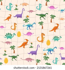 Cute dinosaurs and tropic plants. Funny cartoon dino seamless pattern. Handdrawn cute dinosaurs seamless pattern. Children pattern with dinos, rainbows