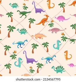 Cute Dinosaurs And Tropic Plants. Funny Cartoon Dino Seamless Pattern. Handdrawn Cute Dinosaurs Seamless Pattern. Children Pattern With Dinos, Rainbows