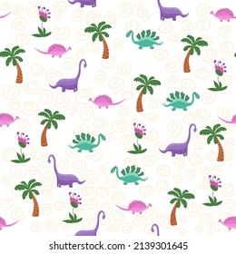 Cute dinosaurs and tropic plants. Funny cartoon dino seamless pattern. Handdrawn cute dinosaurs seamless pattern. Children pattern with dinos, rainbows