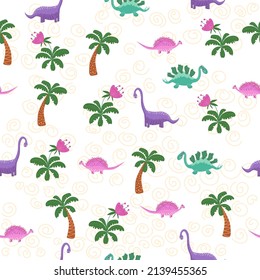 Cute dinosaurs and tropic plants. Funny cartoon dino seamless pattern. Handdrawn cute dinosaurs seamless pattern. Children pattern with dinos, rainbows