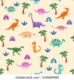 Cute Dinosaurs And Tropic Plants. Funny Cartoon Dino Seamless Pattern. Handdrawn Cute Dinosaurs Seamless Pattern. Children Pattern With Dinos, Rainbows