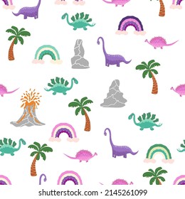 Cute dinosaurs and tropic plants. Funny cartoon dino seamless pattern. Handdrawn cute dinosaurs seamless pattern. Children pattern with dinos, rainbows