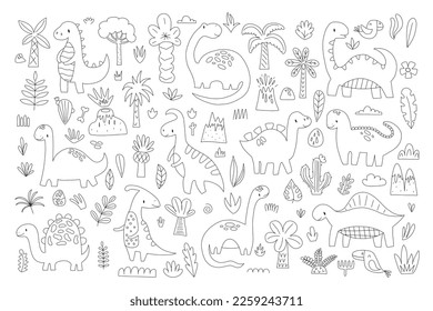 Cute dinosaurs and tropic plants. Funny cartoon dino collection. Hand drawn vector doodle set for kids. Black and white, monochrome