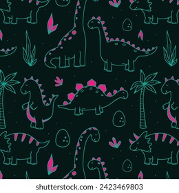 Cute dinosaurs and tropic plants. Funny cartoon dino seamless pattern. Hand drawn vector doodle design for girls, kids. Hand drawn children's pattern for fashion clothes, shirt, fabric