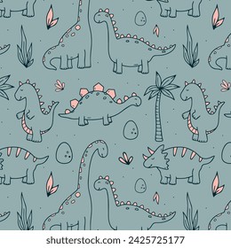 Cute dinosaurs and tropic plants. Funny cartoon dino seamless pattern. Hand drawn vector doodle design for girls, kids. Hand drawn children's pattern for fashion clothes, shirt, fabric