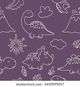 Cute dinosaurs and tropic plants. Funny cartoon dino seamless pattern. Hand drawn vector doodle design for kids. Hand drawn children's pattern for fashion clothes, shirt, fabric. Funny cartoon dino