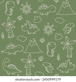 Cute dinosaurs and tropic plants. Funny cartoon dino seamless pattern. Hand drawn vector doodle design for kids. Hand drawn children's pattern for fashion clothes, shirt, fabric. Funny cartoon dino