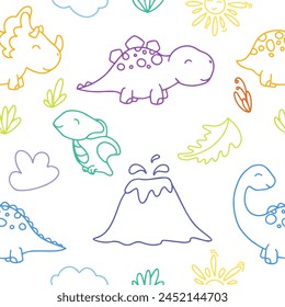 Cute dinosaurs and tropic plants. Funny cartoon dino seamless pattern. Hand drawn vector doodle design for kids. Hand drawn children's pattern for fashion clothes, shirt, fabric. Funny cartoon dino