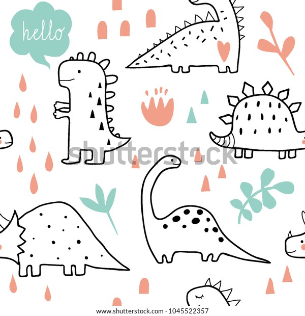 可爱的恐龙和热带植物 有趣的卡通恐龙无缝图案 手绘矢量涂鸦设计的女孩 孩子 手绘儿童图案 的时尚衣服 衬衫 面料库存矢量图 免版税