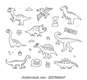 Cute dinosaurs, tropic plants and lettering. Cute hand drawn doodle dino collection. Vector illustration for kids.