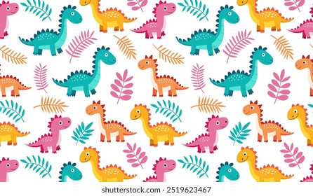 cute dinosaurs and tropical leaves. Children's colorful print for children's fabric, covers. Seamless background