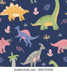 Cute dinosaurs with tropical plant. Seamless pattern for kids in jurassic period. Colourful prehistoric animals on blue background. Hand drawn vector wallpaper illustration, modern flat cartoon style