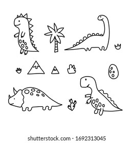 Cute dinosaurs, tropical plants, cactus, mountains, egg. Funny cartoon Dino collection. Hand drawn vector Doodle set for kids. Black and white, monochrome