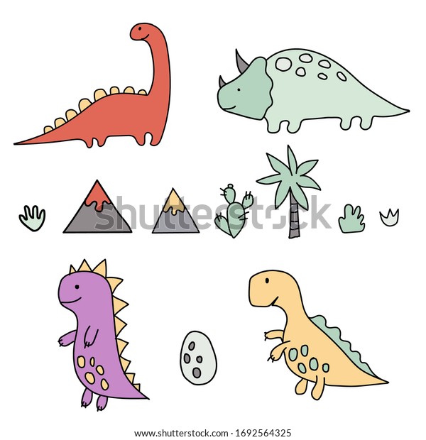 かわいい恐竜熱帯植物サボテン山卵 おかしな漫画のディノコレクション 子ども向けの手描きのベクトルセット 動物を含むベクター画像のカラフルイラスト ジュラ紀 のベクター画像素材 ロイヤリティフリー