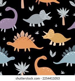 Cute dinosaurs and tropical plants. Funny dino seamless pattern. Hand drawn doodle design for kids. Vector background.