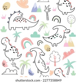 Cute dinosaurs and tropical plants. Funny cartoon dino seamless pattern. Hand drawn vector doodle design for girls, kids. Hand drawn, childish drawing for fashion clothes, shirt, fabric